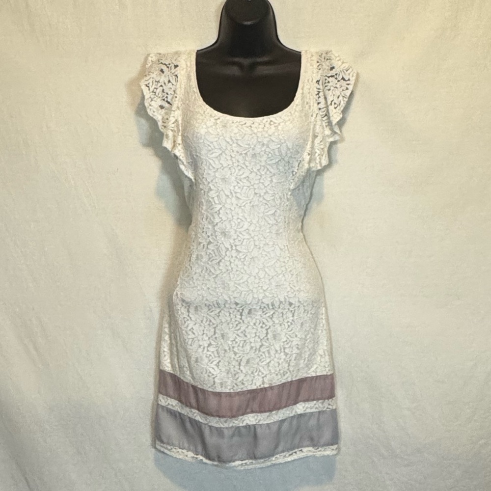 H-52 American Eagle Outfitters Cream Lace Ruffle Cap Sleeve MIDI Dress Size XS